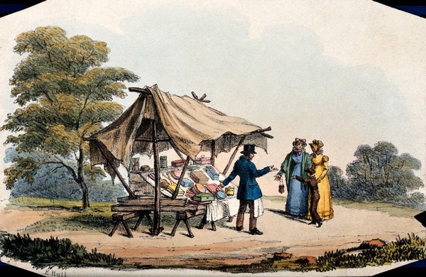 A salesman of fancy goods, who has set up his stall in the country, invites two women and a boy to look at his wares. Coloured lithograph by E. Hull.