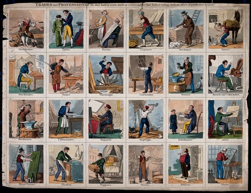 Men engaged in many trades and professions. Coloured etching.