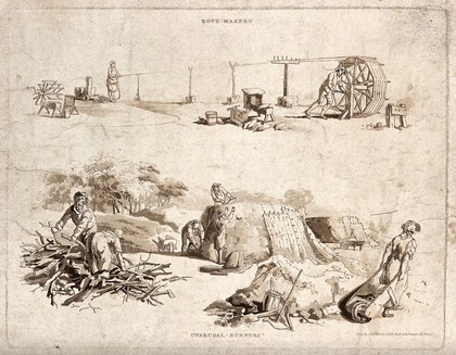 One man turns a large wheel as the other holds the rope at a distance over a series of supports, two men collect wood to light the fire for the charcoal kiln. Etching and aquatint.