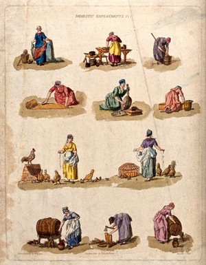 view Women are employed performing a variety of domestic tasks. Coloured etching with aquatint by W.H. Pyne after himself, aquatint by J. Hill.