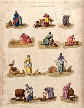 Women are employed performing a variety of domestic tasks. Coloured etching with aquatint by W.H. Pyne after himself, aquatint by J. Hill.