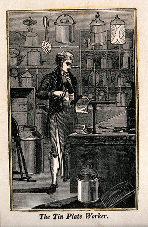 view A man is making cooking and storage utensils fom tin. Wood engraving.