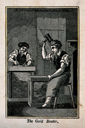 A man is sitting at a work bench beating on metal with a hammer. Wood engraving.