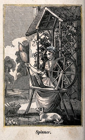 A woman sits spinning at a spinning wheel. Wood engraving.