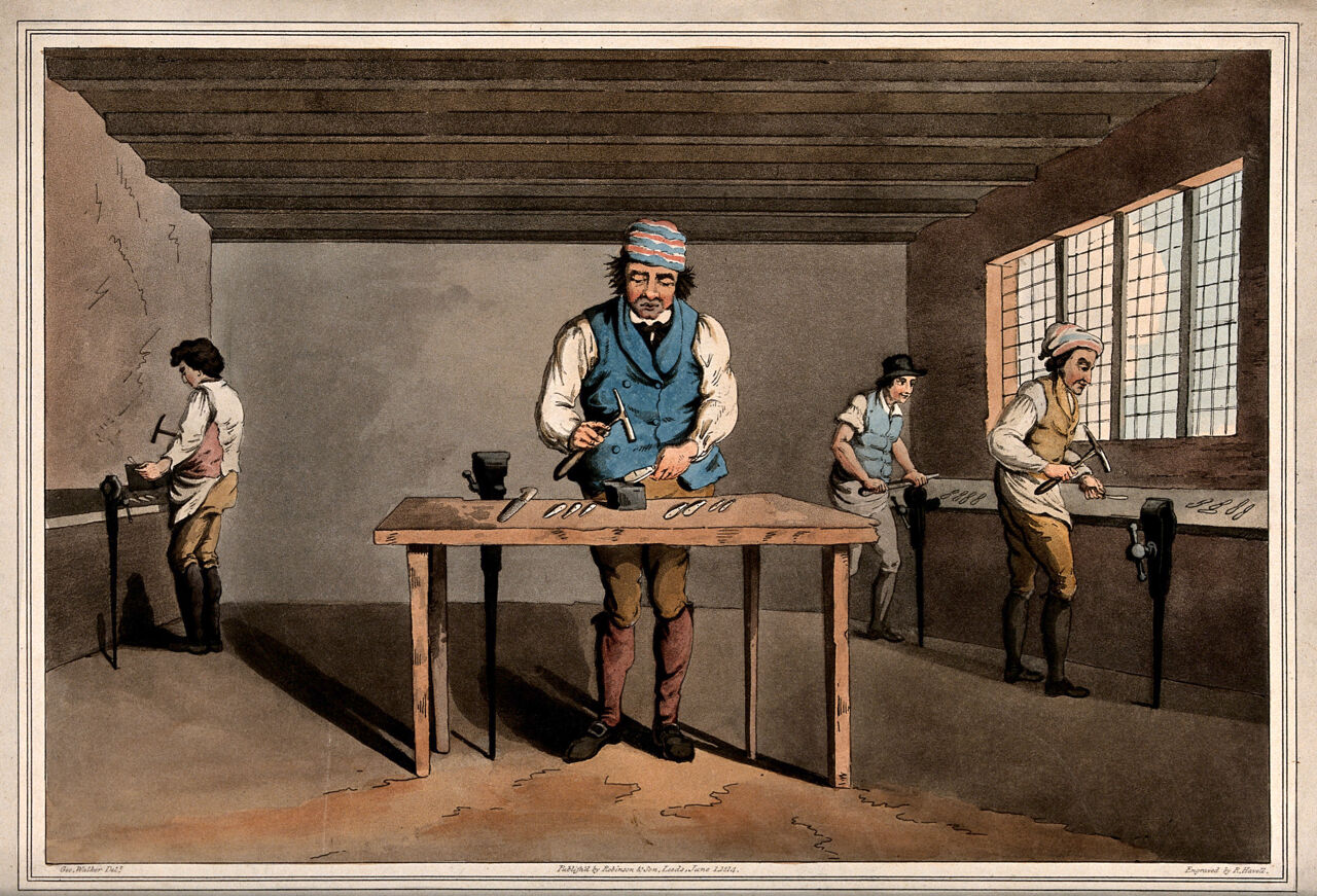 Sheffield: four cutlers working at benches with hammers and vices. Coloured aquatint by R. Havell after G. Walker., June 1. 1814, by George Walker