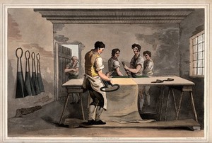 view Yorkshire: four cloth-dressers (croppers) smoothing a sheet of wool. Coloured aquatint by R.& D. Havell, 1813, after G. Walker.