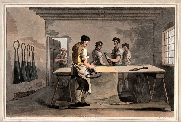 Yorkshire: four cloth-dressers (croppers) smoothing a sheet of wool. Coloured aquatint by R.& D. Havell, 1813, after G. Walker.