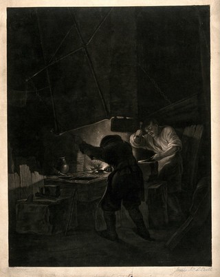 Blacksmiths at work. Mezzotint by J. McArdell.