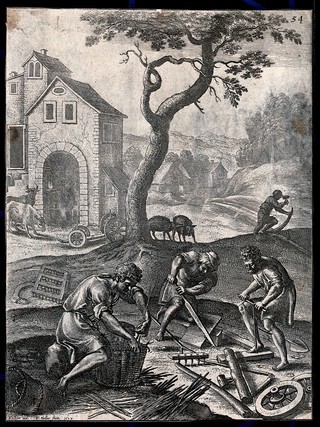 Farm workers under a tree are making a basket, a plough and other agricultural implements. Engraving by Wenceslaus Hollar after F. Cleyn.