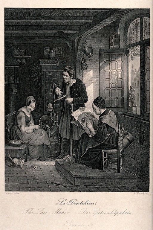 A woman is sitting by the window making lace on a pillow while another woman sits by a spinning wheel watching a kitten play with a reel of cotton. Engraving by W. French after Lucks.