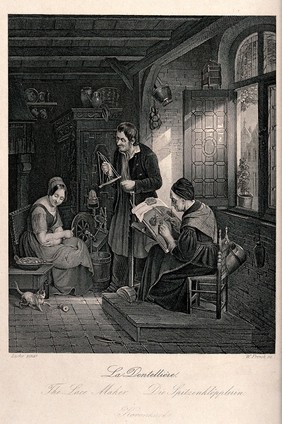 A woman is sitting by the window making lace on a pillow while another woman sits by a spinning wheel watching a kitten play with a reel of cotton; a man holds a swift or skein winder. Engraving by W. French after F.J. Luckx.