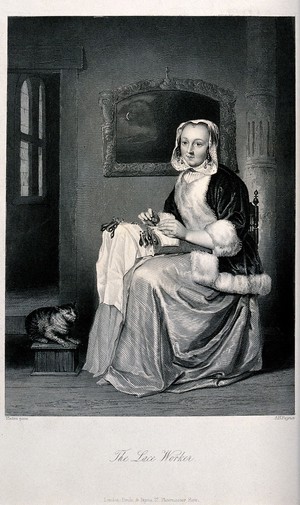 view A woman is sitting on a chair making bobbin lace on a lace pillow. Engraving by A. H. Payne after G. Metsu.