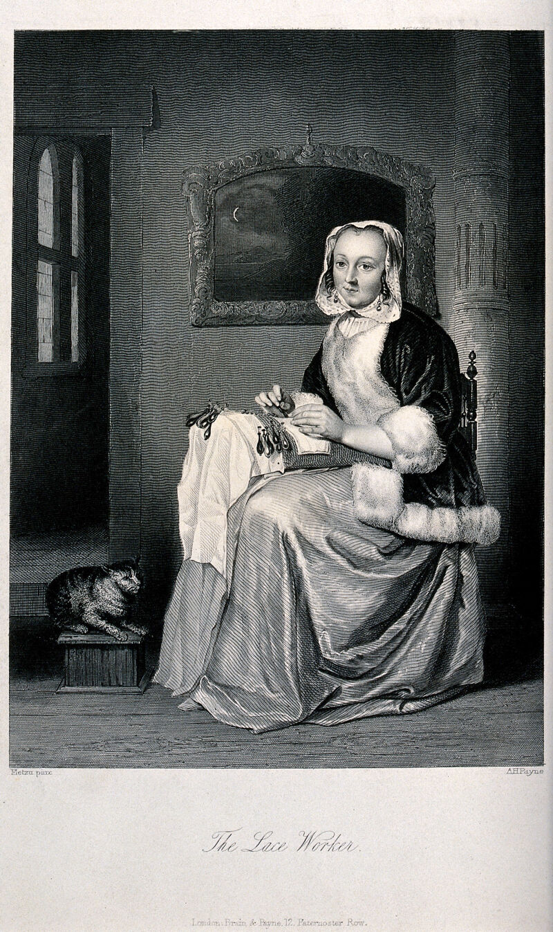 A woman is sitting on a chair making bobbin lace on a lace pillow. Engraving by A. H. Payne after G. Metsu., by Gabriel Metsu