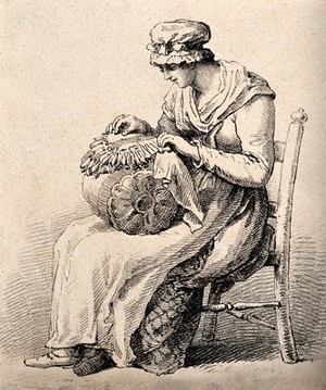 view A woman in a mob cap is sitting on a chair making bobbin lace on a lace pillow. Lithograph.