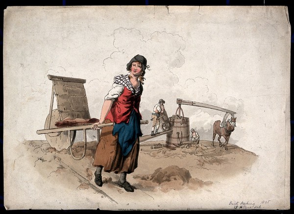 Brick-making: a young woman is pulling a large wheelbarrow full of clay while a boy tips a barrow load into a pug-mill, to which a horse is attached by a yoke. Coloured aquatint with etching after W.H. Pyne, 1805.
