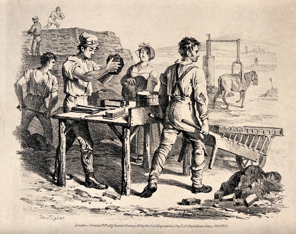 Brickmakers: one man working at a table while others prepare a kiln and dig the earth. Lithograph by Denis Dighton, 1821.