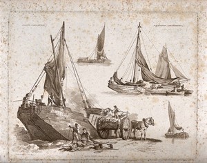 view Straw from a cart being loaded onto a ship as other men work at baskets and nets on the ground, Aquatint with etching by W.H. Pyne, 1802.