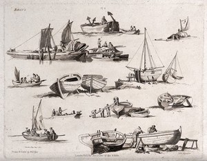 view Boats: some being loaded, some repaired, others sail loaded with logs and different cargo. Etching by W.H. Pyne after himself, aquatinted by I. Hill.