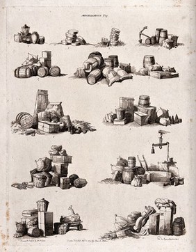 Pots, tubs, boxes, baskets and bundles. Aquatint with etching by W.H. Pyne, 1804.