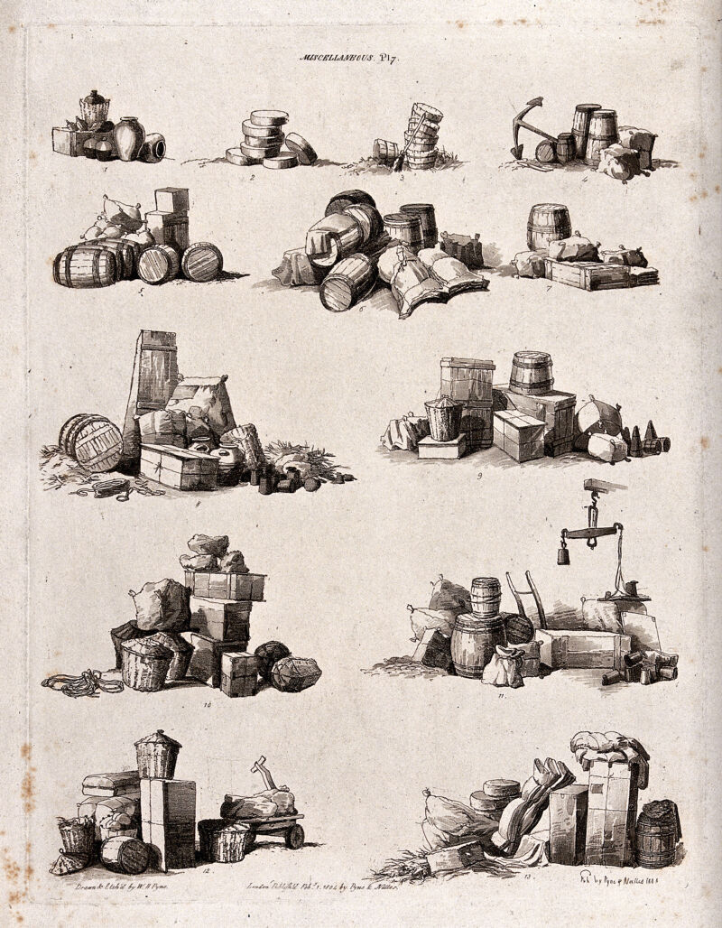 Pots, tubs, boxes, baskets and bundles. Aquatint with etching by W.H. Pyne, 1804., Feby.1. 1804, by William Henry Pyne