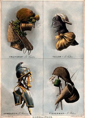 Composite heads: a fruiterer, a tailor, an armourer and a fisherman made of their respective instruments. Coloured aquatint, ca. 1800.