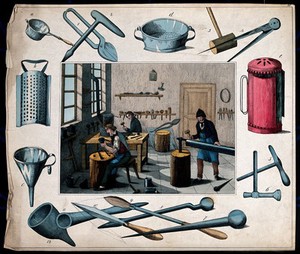 view Three men are working at benches hammering out and filing metal objects such as colanders, sifters, funnels and graters. Coloured etching.