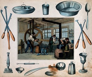 view Three men are working at making metal objects such as bowls, spoons, goblets and jugs, some tools of their trade are hanging on the walls. Coloured etching.