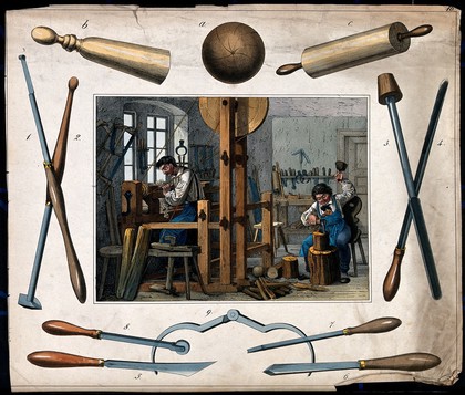 Two men are in a workshop making wooden objects such as rolling-pins, wooden balls and skittles, some tools of their trade are hanging on the walls. Coloured etching.