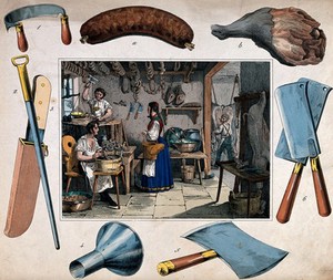 view A pork-butcher's shop: two butchers are working with knives and cleavers as another makes sausages, a woman has come to buy and is holding some money in her hand. Coloured etching, 18--.