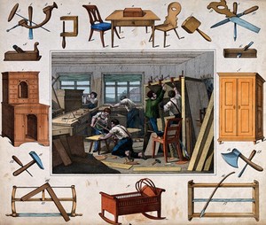 view Six men are working with saws, drills, hammers and vices making chairs, cabinets shelves and cradles. Coloured etching.