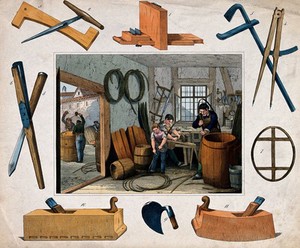 view A cooper's workshop: two men and a boy are using knives and a spokeshave to make hoops fit around the staves of a barrel, other men outside are hammering on lids, some tools of their trade are hanging on the walls. Coloured etching.