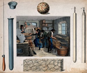 view Four men are working with moulds for candle-making. Coloured etching.