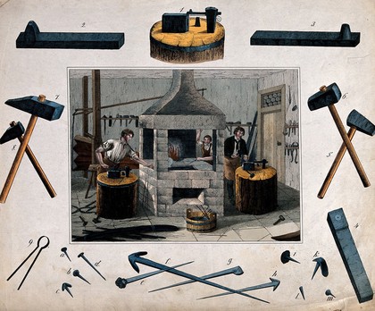 Three men work near an open fire on anvils with hammers making nails and pins of various sizes, some tools of their trade hang on the walls. Coloured etching.