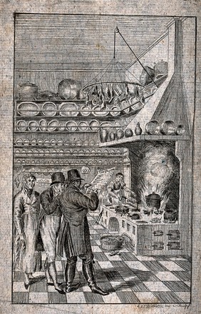 Two men visiting a kitchen discuss the bill of fare as the waiter stands behind them and a kitchen hand roasts meat on a spit. Etching by J.J. Turretini (?) after himself.