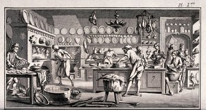 view Many people are busy in the baker's kitchen preparing cakes, pastries, pies and bread. Engraving by Benard.