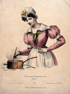 A young woman wearing a mob cap is stirring the contents of a saucepan on a stove. Coloured lithograph by Joséphine-Clémence Formentin after Charles Philipon.