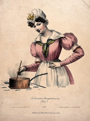 view A young woman wearing a mob cap is stirring the contents of a saucepan on a stove. Coloured lithograph by Joséphine-Clémence Formentin after Charles Philipon.