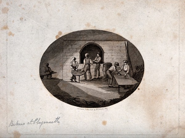 Plymouth: bakers working at an oven and a table. Aquatint by John Hill after A. Dibdin.