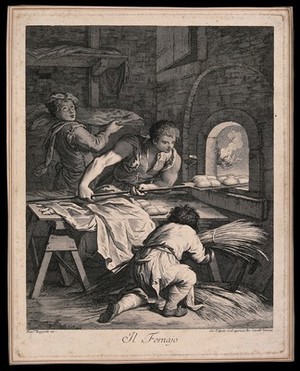 view A boy is shovelling bread into the baker's oven as one picks up sheaves of wheat and another holds up a tray. Engraving by Giovanni Volpato after Francesco Maggiotto.