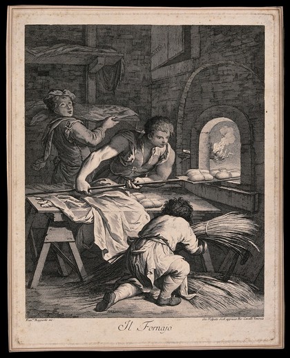 A boy is shovelling bread into the baker's oven as one picks up sheaves of wheat and another holds up a tray. Engraving by Giovanni Volpato after Francesco Maggiotto.
