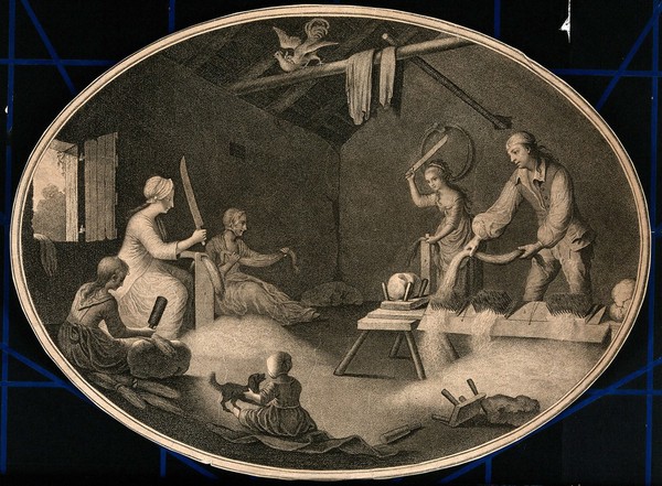 Four women with knives and wooden paddles are cutting and beating the wool and a man is putting it through a combing device. Stipple engraving.