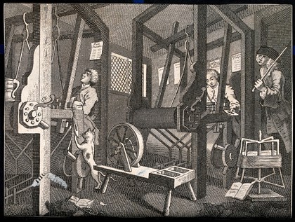Two men working at looms with an overseer carrying a large stick watching over them. Engraving after W. Hogarth.