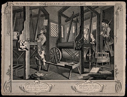 Two men are working at looms as a man with a large stick looks around the door to see if they are working. Engraving by William Hogarth after himself.