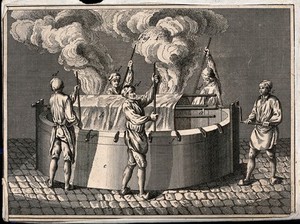 view A large sheet is hanging over a series of rods suspended over a large steaming vat, one man turns a handle and others are using long sticks. Engraving.