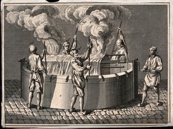 A large sheet is hanging over a series of rods suspended over a large steaming vat, one man turns a handle and others are using long sticks. Engraving.