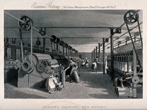 view Textiles: women and children working at large cotton manufacturing machines. Engraving.