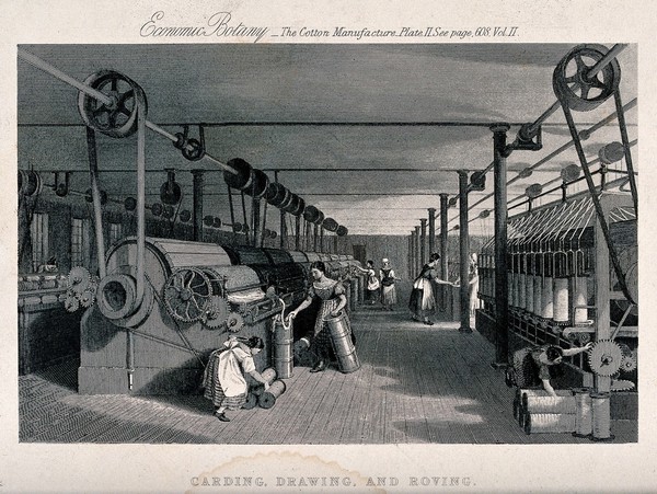 Textiles: women and children working at large cotton manufacturing machines. Engraving.