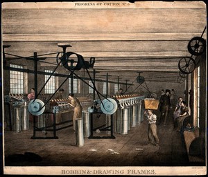 view Women are working at large cotton machines, a child is carrying a basket on his head, and other people are sitting on benches at the side of the room. Coloured lithograph after J.R. Barfoot.