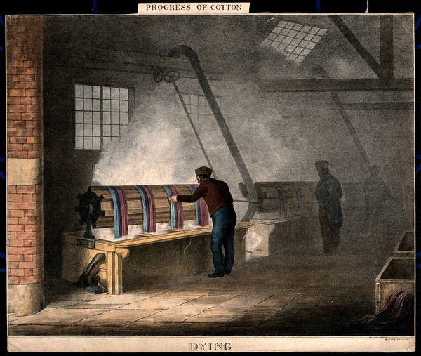 Men dyeing cotton blue and red. Coloured lithograph after J.R. Barfoot.