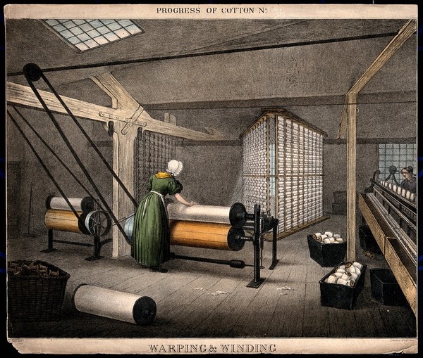A woman is working at large rollers winding cotton onto reels. Coloured lithograph after J.R. Barfoot.
